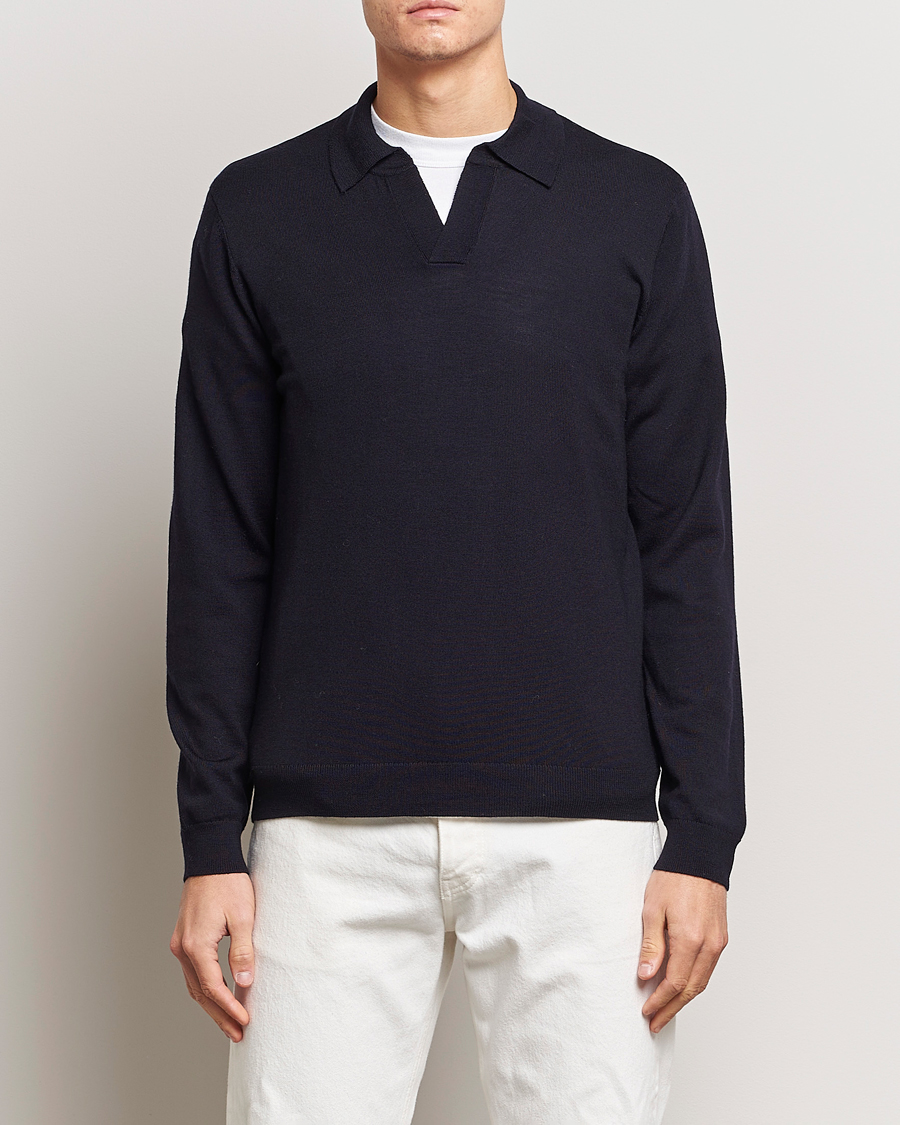 Men | Knitted Polo Shirts | A Day\'s March | Manol Merino Polo Navy