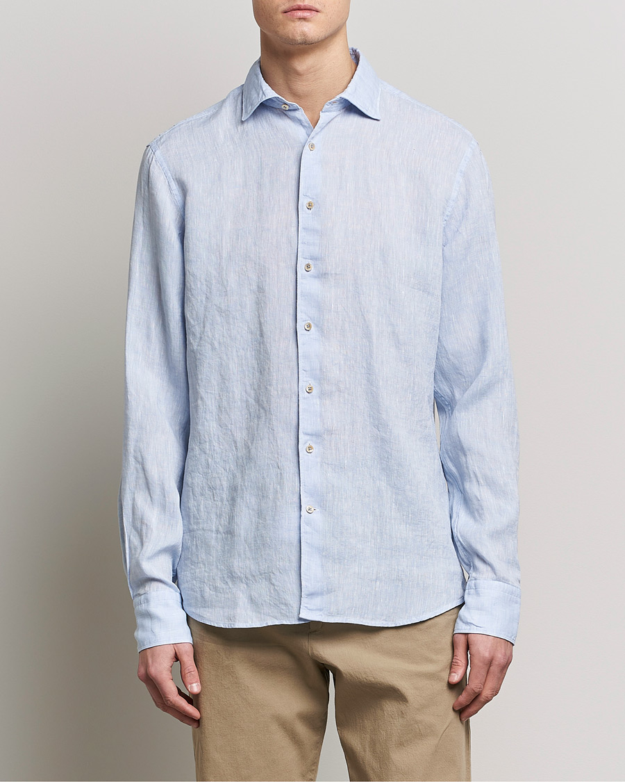 Men | Clothing | Stenströms | Fitted Body Cut Away Linen Shirt Light Blue