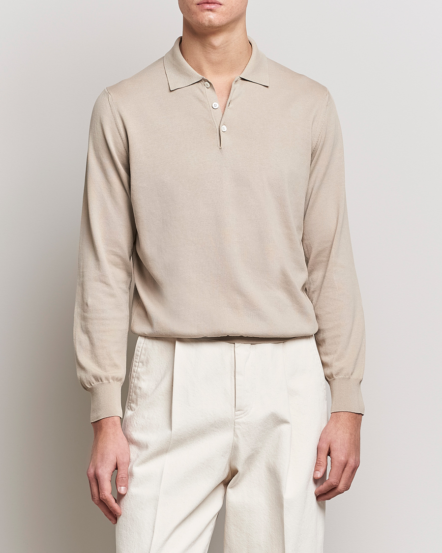 Men | Knitted Polo Shirts | Canali | Cotton Long Sleeve Polo Beige