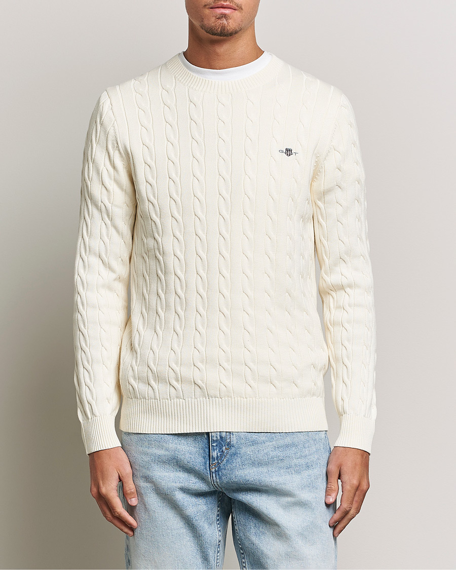 Men | Clothing | GANT | Cotton Cable Crew Neck Pullover Cream