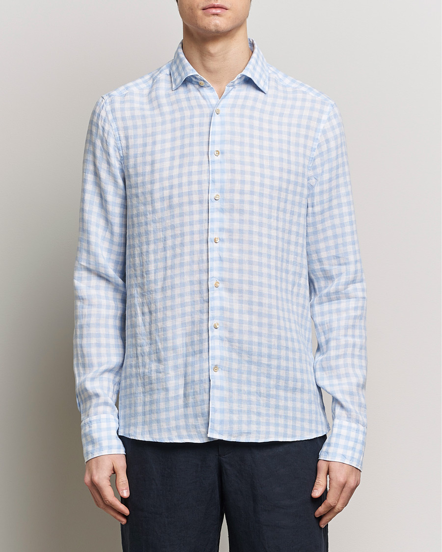 Men | Clothing | Stenströms | Slimline Cut Away Checked Linen Shirt Light Blue