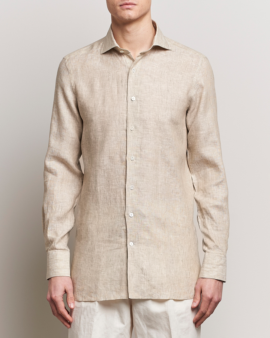 Men | The Linen Closet | 100Hands | Striped Linen Shirt Brown