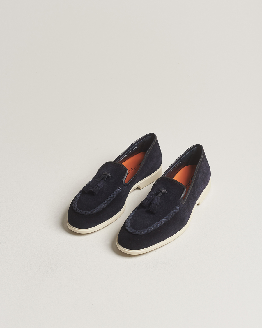 Men | Handmade shoes | Santoni | Summer Tassel Loafers Navy Suede
