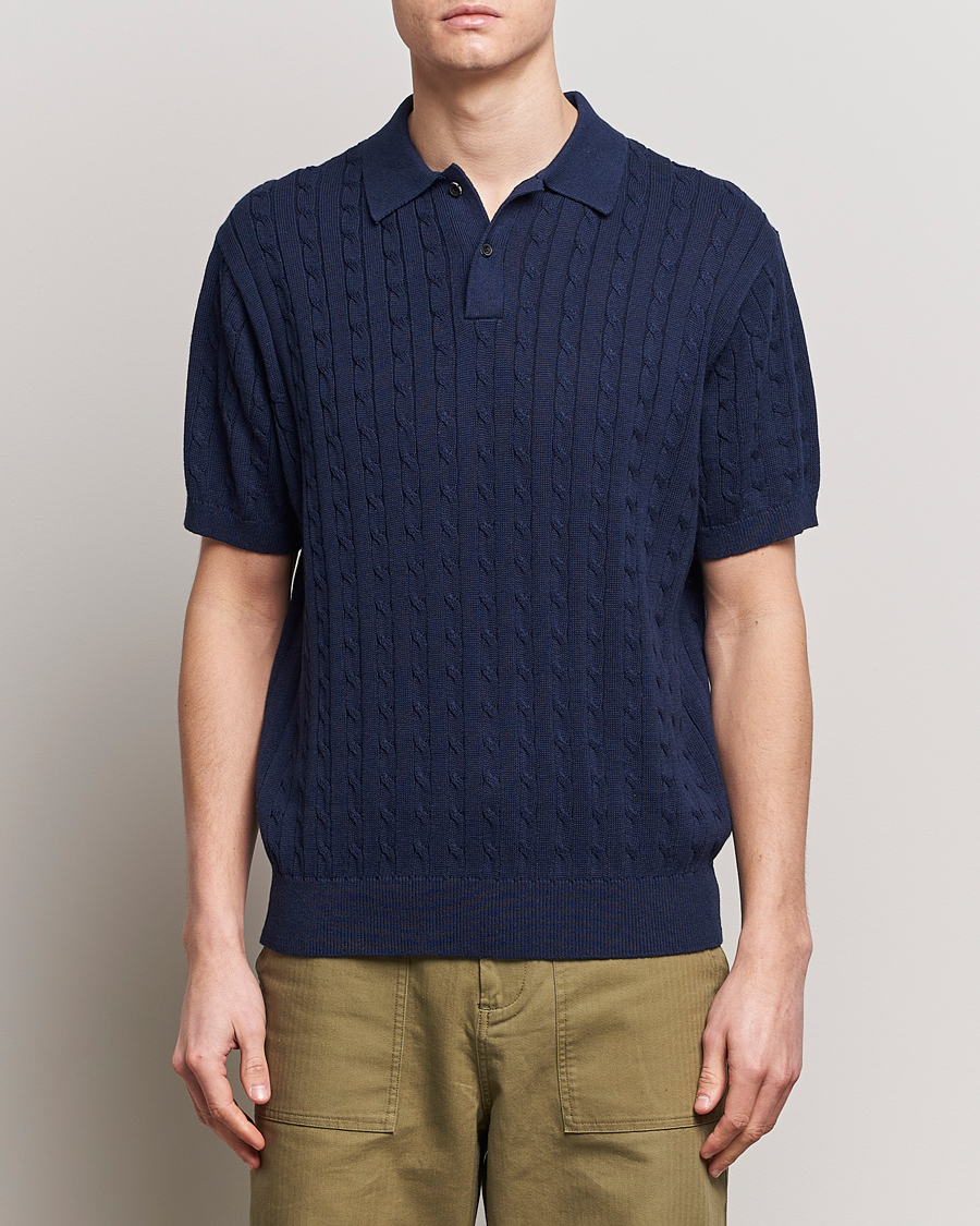 Men | The Linen Closet | BEAMS PLUS | Cable Knit Short Sleeve Polo Navy