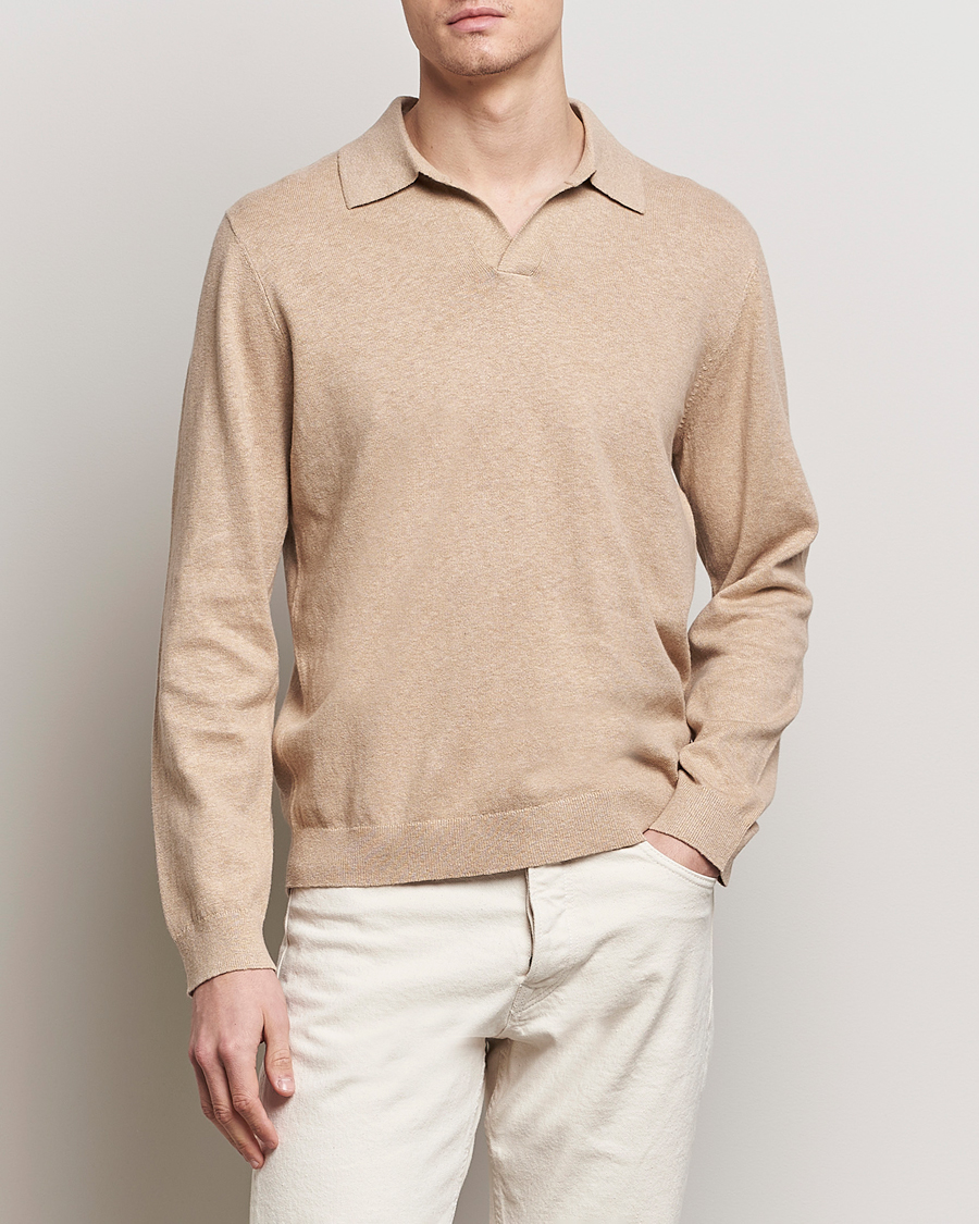 Men | Knitted Polo Shirts | A Day\'s March | Manol Cotton Linen Polo Khaki