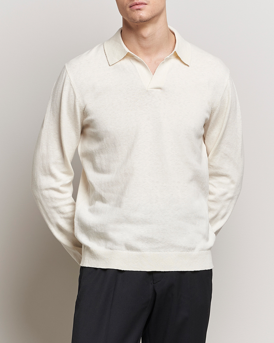 Men | Knitted Polo Shirts | A Day\'s March | Manol Cotton Linen Polo Off White