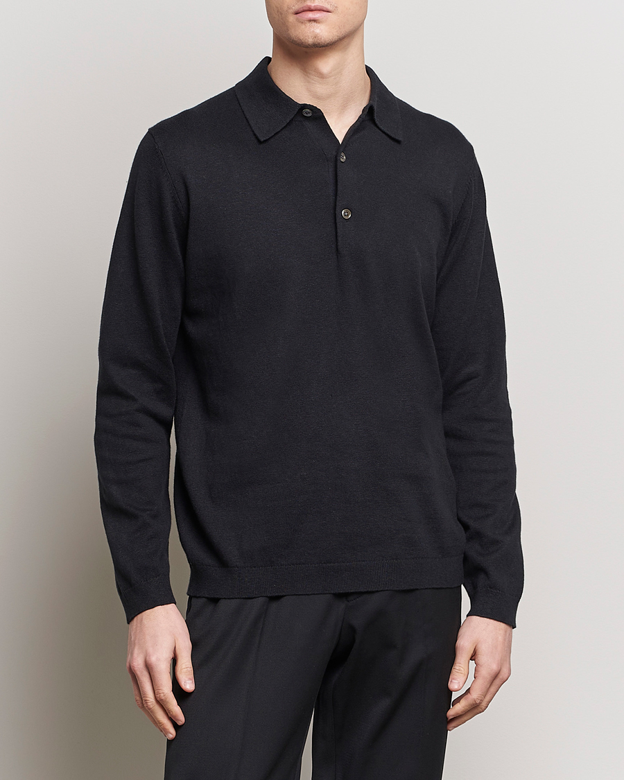 Men | Knitted Polo Shirts | A Day\'s March | Ambroz Cotton/Linen Polo Black