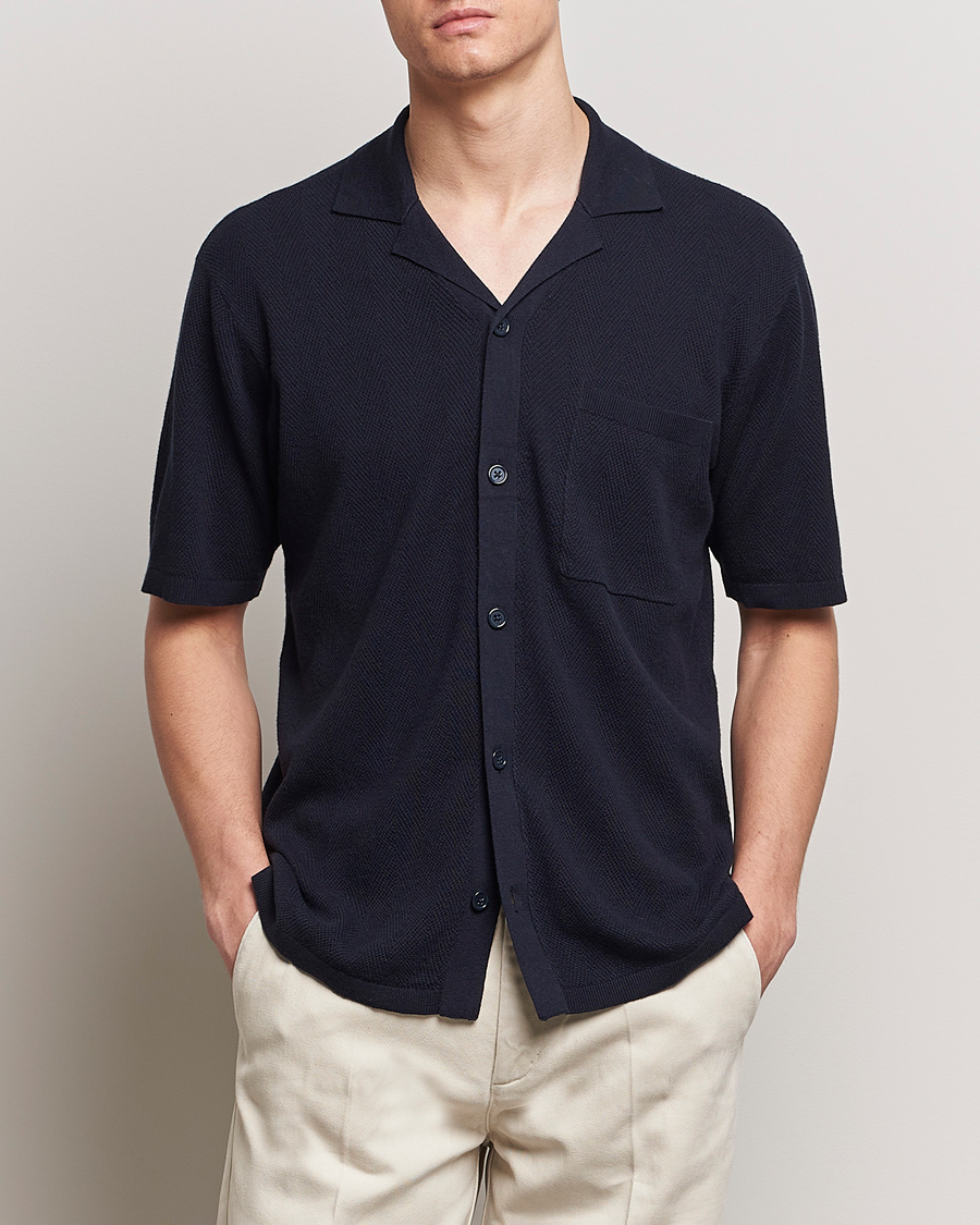 Men | Short Sleeve Shirts | A Day\'s March | Yamu Knitted Herringbone Shirt Navy