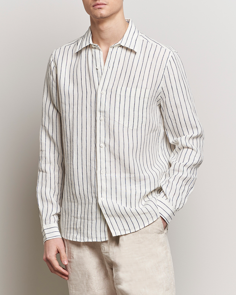 Men | A Day's March | A Day's March | Abu Striped Linen Shirt White/Navy