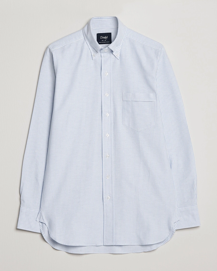 Drake's Striped Button Down Oxford Shirt Blue – Blue