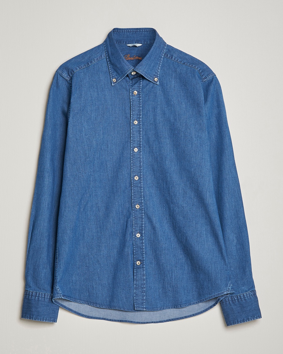 Stenströms Slimline Button Down Garment Washed Shirt Mid Blue Denim – Blue