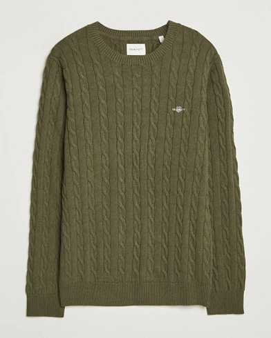 GANT Cotton Cable Crew Neck Pullover Khaki Green Melange – Green