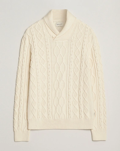 GANT Cable Shawl Collar Knitted Sweater Cream – White