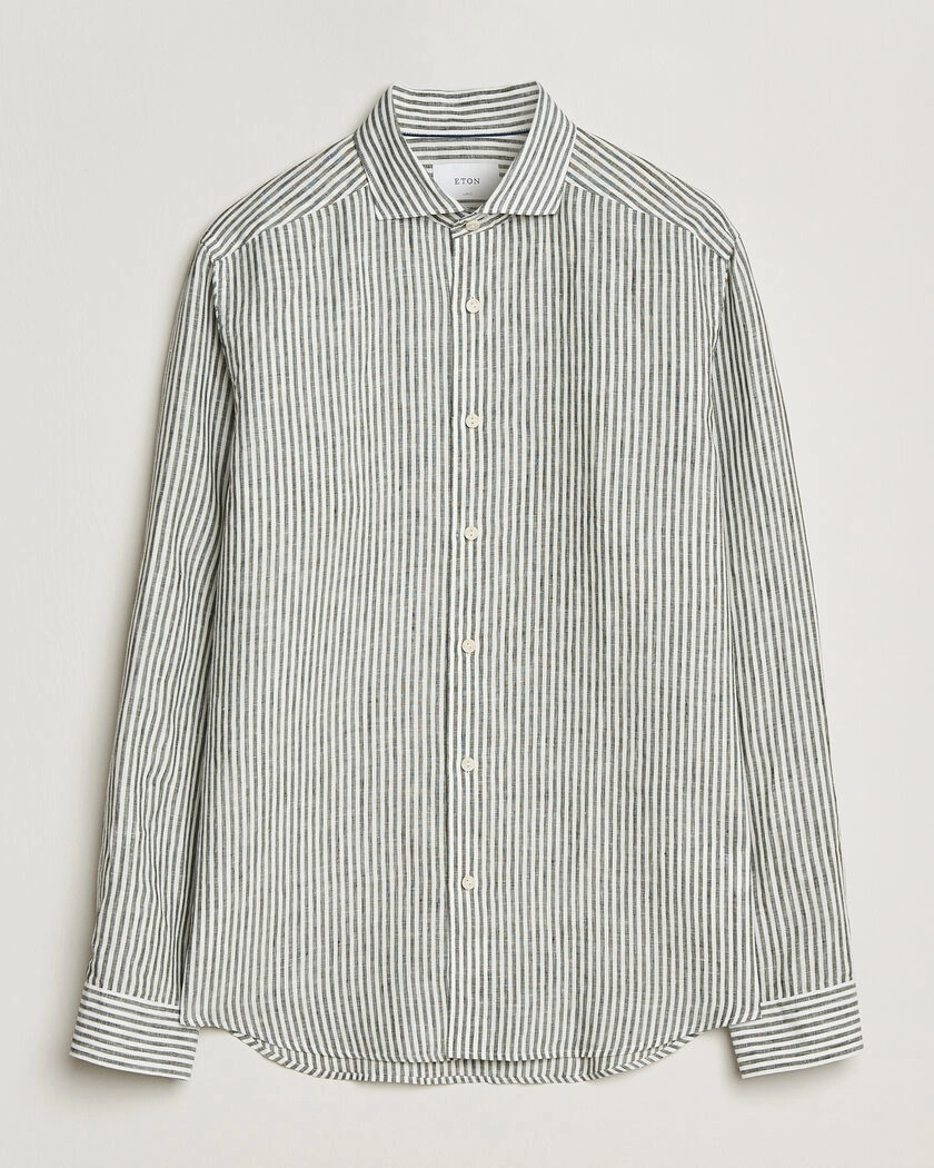 Eton Casual Fit Striped Linen Shirt Dark Green – Green