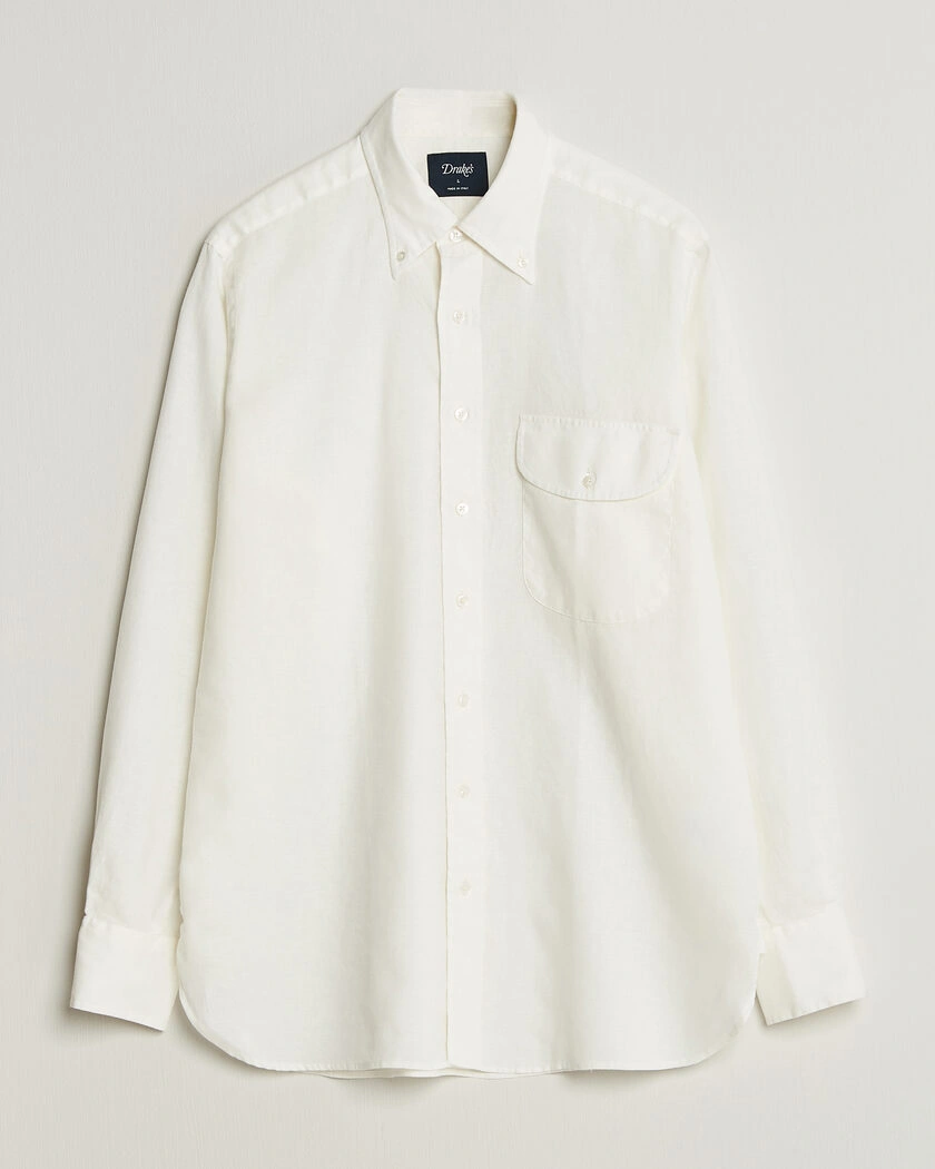 Drake's Linen Button Down Curved Pocket Shirt White – White