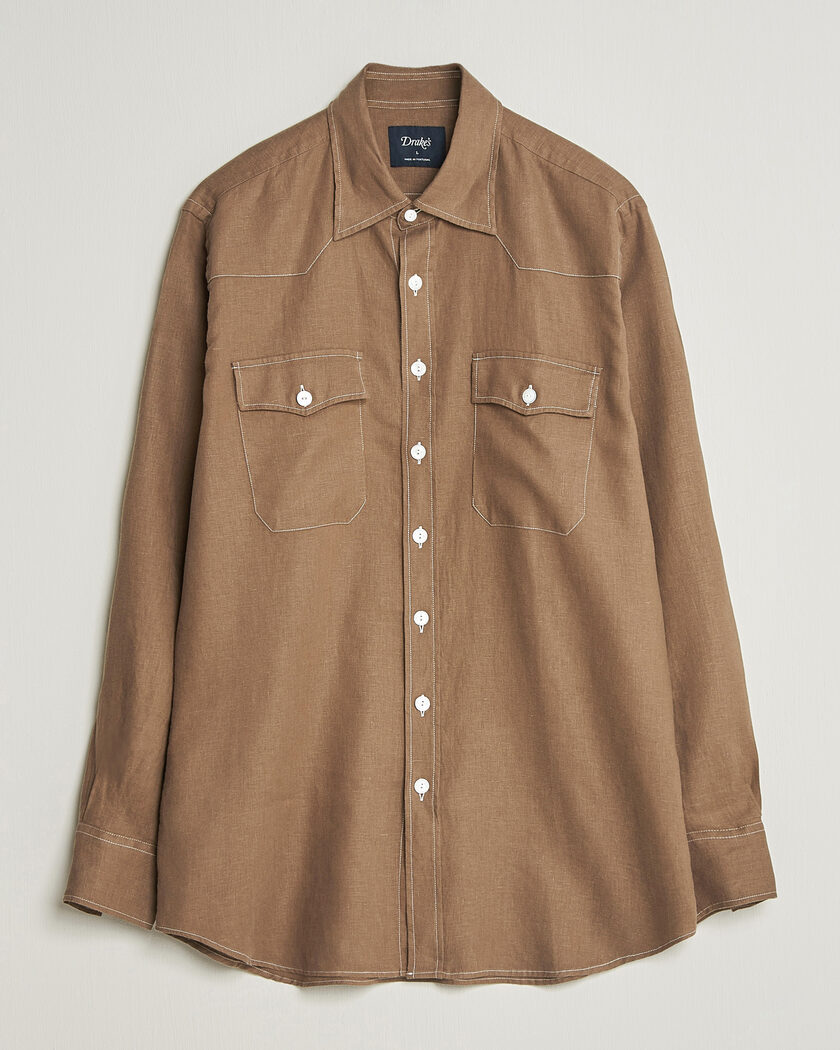 Drake's Solid Linen Western Shirt Brown – Brown