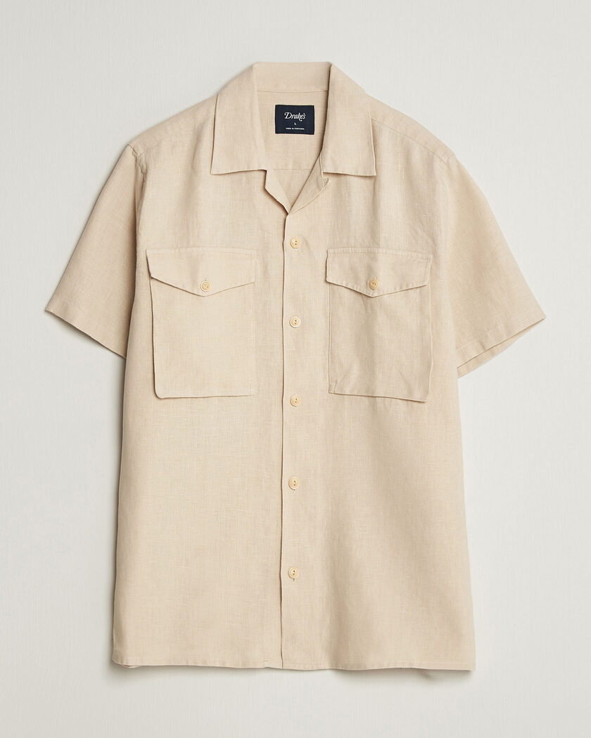 Drake's Military Short Sleeve Camp Collar Shirt Ecru – White