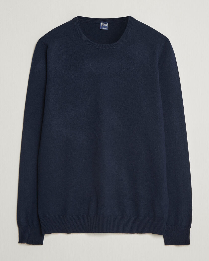 Fedeli Pure Cashmere Crew Neck Navy Blue – Blue