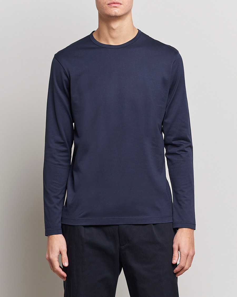 Men | Long Sleeve T-shirts | Sunspel | Long Sleeve Crew Neck Cotton Tee Navy