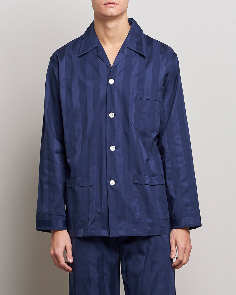 Herr |  | Derek Rose | Striped Cotton Satin Pyjama Set Navy