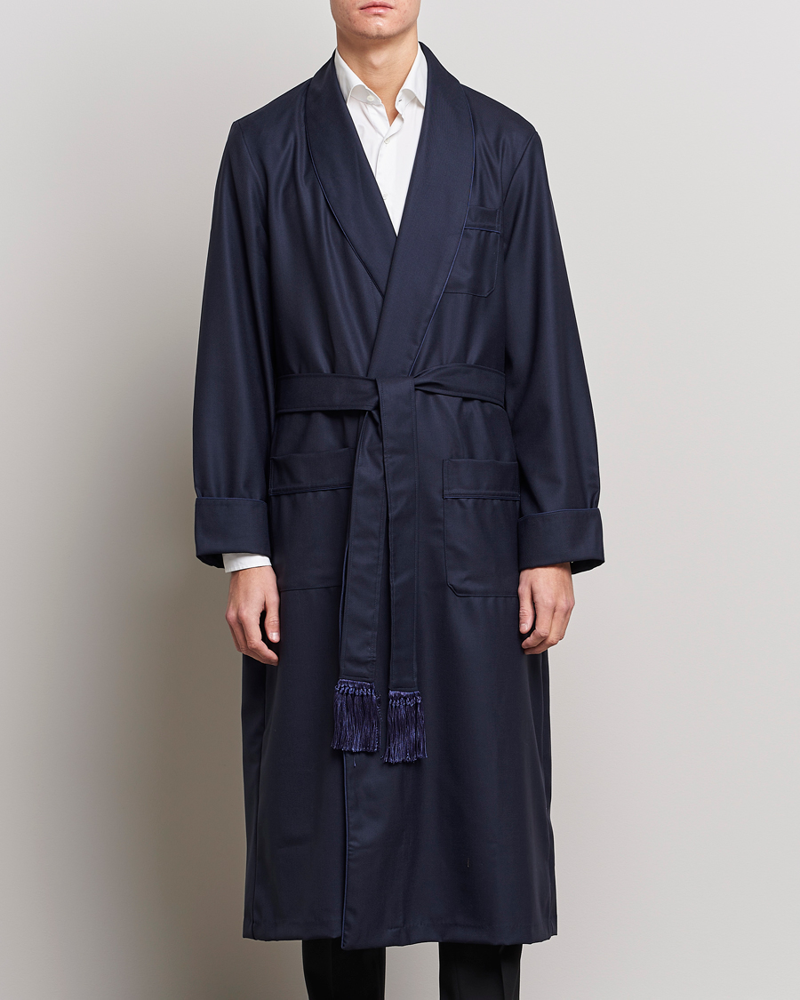 Men | Pyjamas & Robes | Derek Rose | Pure Wool Dressing Gown Navy