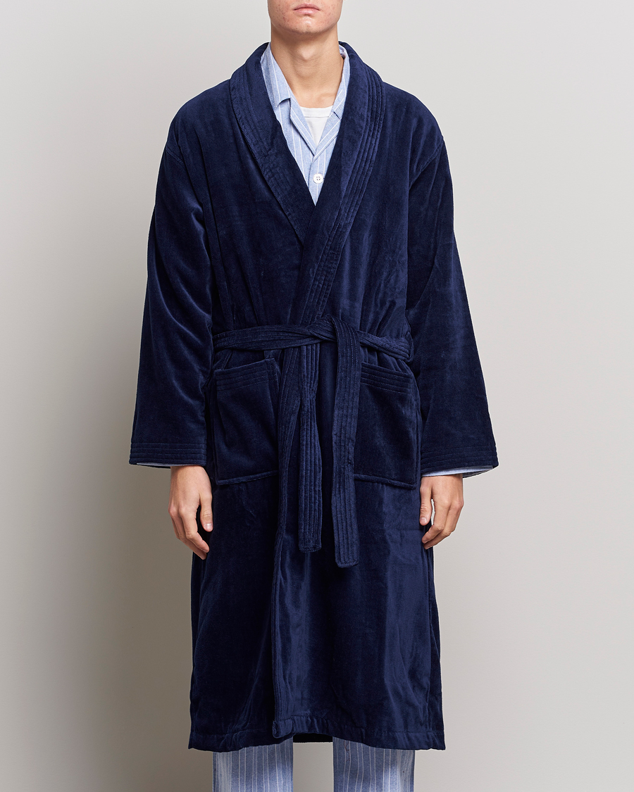 Men | Robes | Derek Rose | Cotton Velour Gown Navy