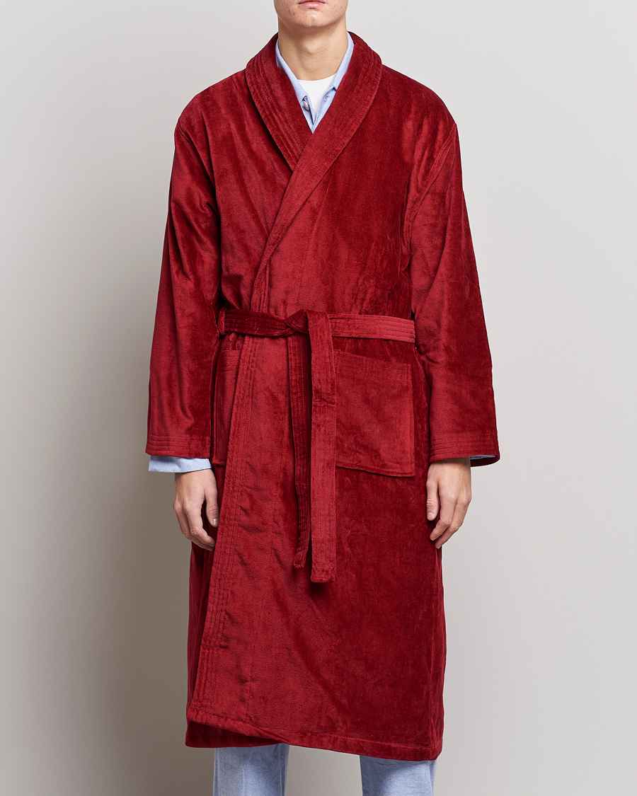Men | Loungewear | Derek Rose | Cotton Velour Gown Wine Red