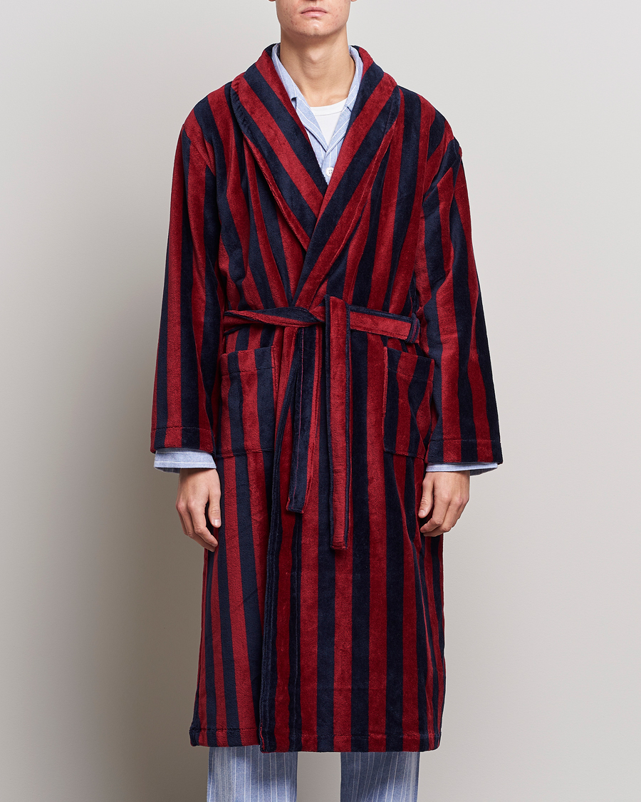 Men | Gifts | Derek Rose | Cotton Velour Striped Gown Red/Blue