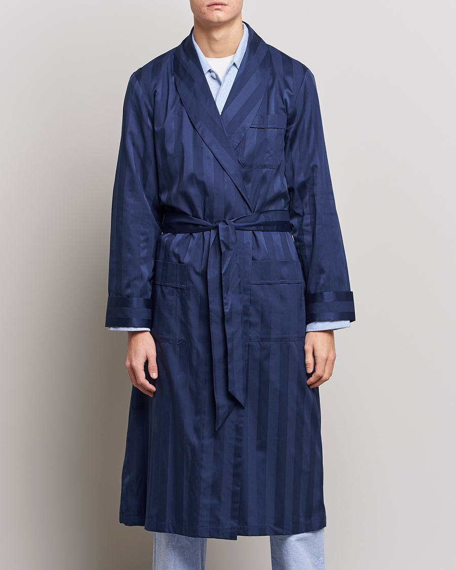Men | Clothing | Derek Rose | Striped Cotton Satin Dressing Gown Navy/Navy