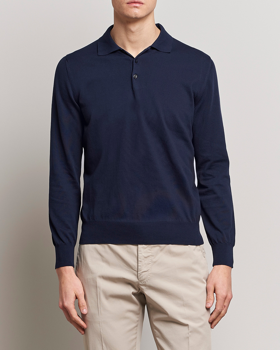 Men | Sweaters & Knitwear | Canali | Cotton Long Sleeve Polo Navy