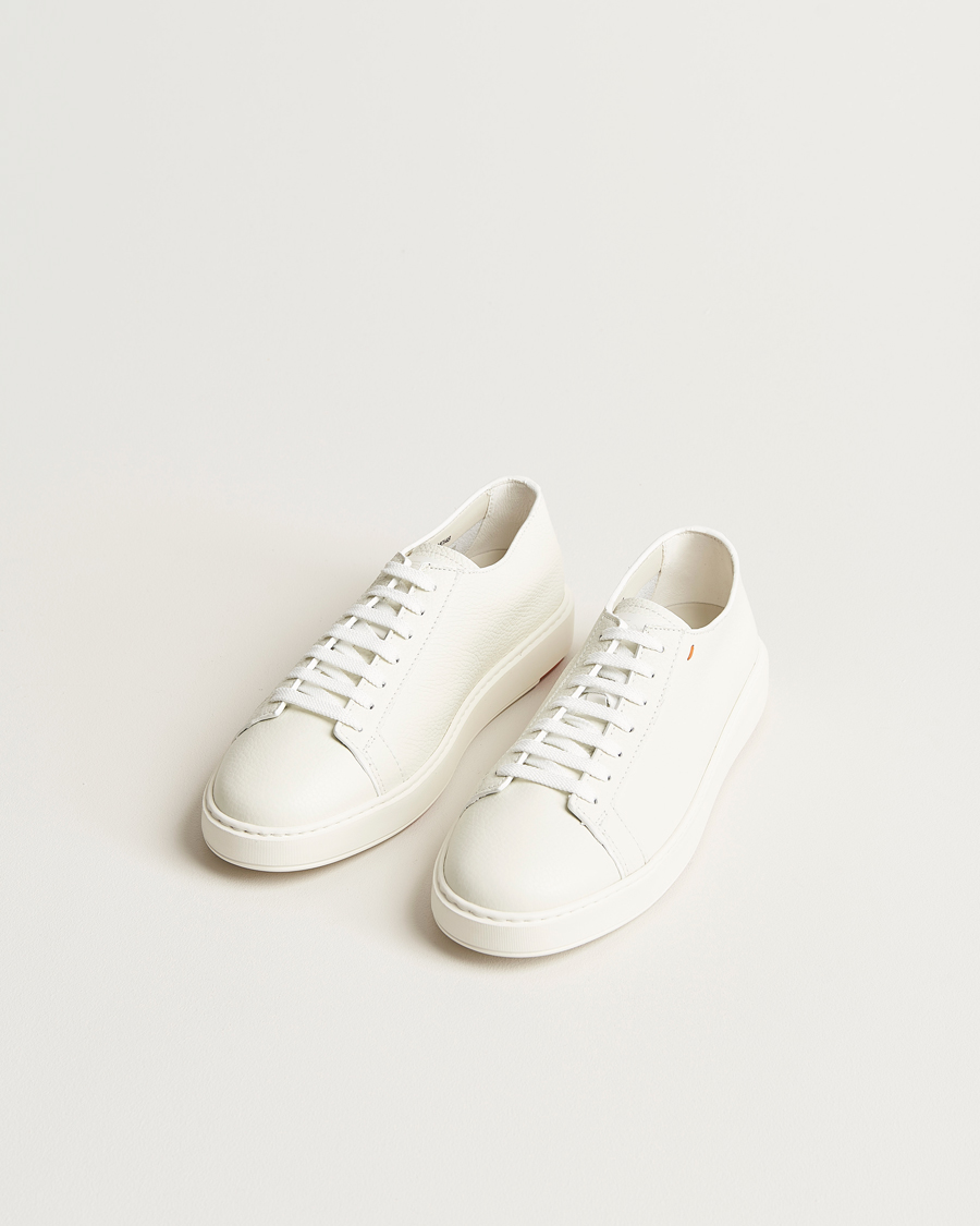 Men | White Sneakers | Santoni | Low Top Grain Leather Sneaker White Calf