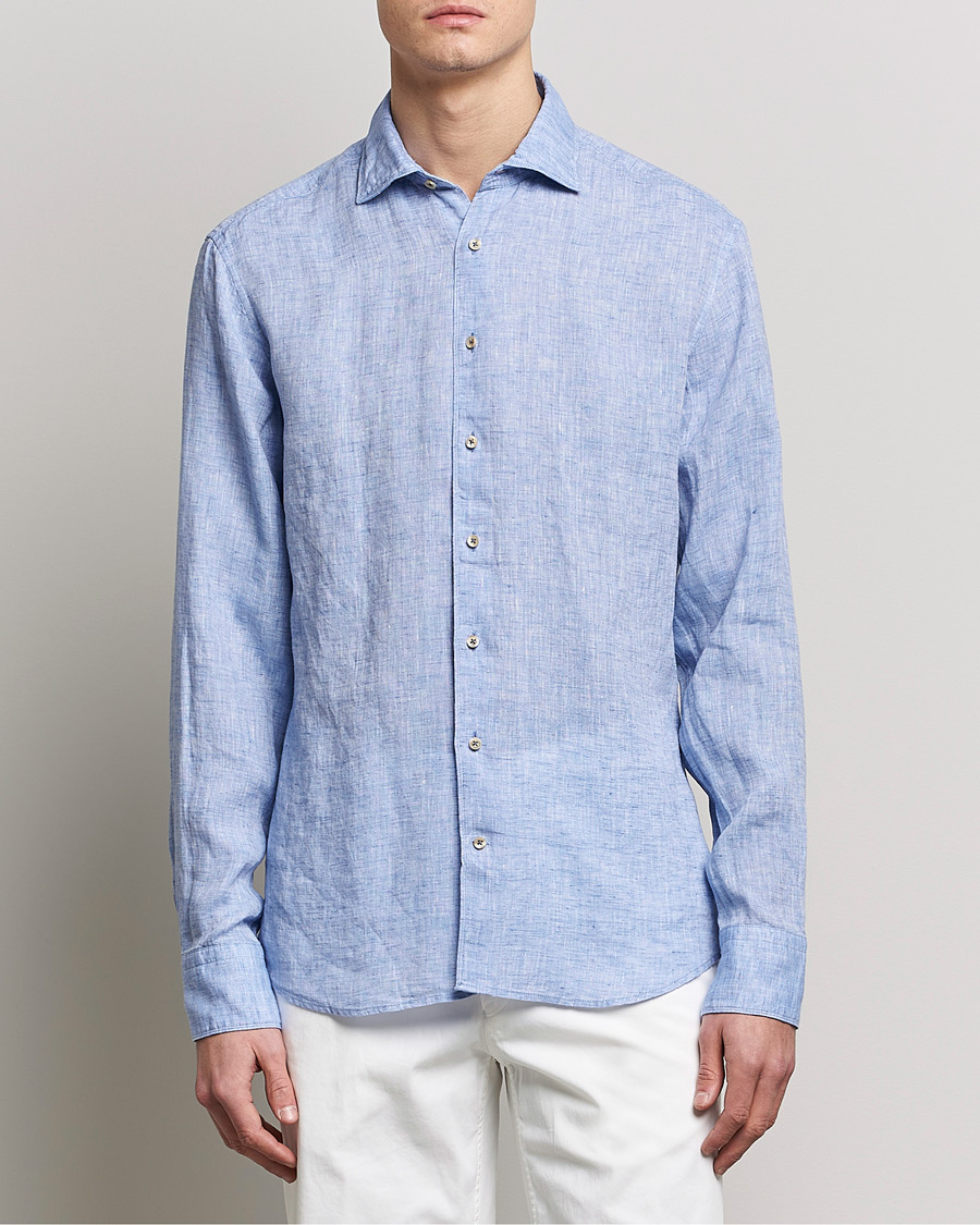 Men | Clothing | Stenströms | Fitted Body Cut Away Linen Shirt Blue