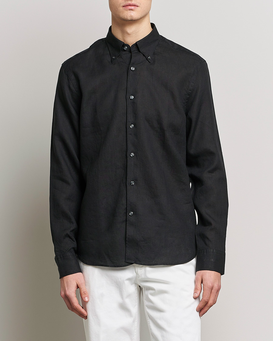 Herr | Skjortor | Oscar Jacobson | Regular Fit Button Down Linen Shirt Black