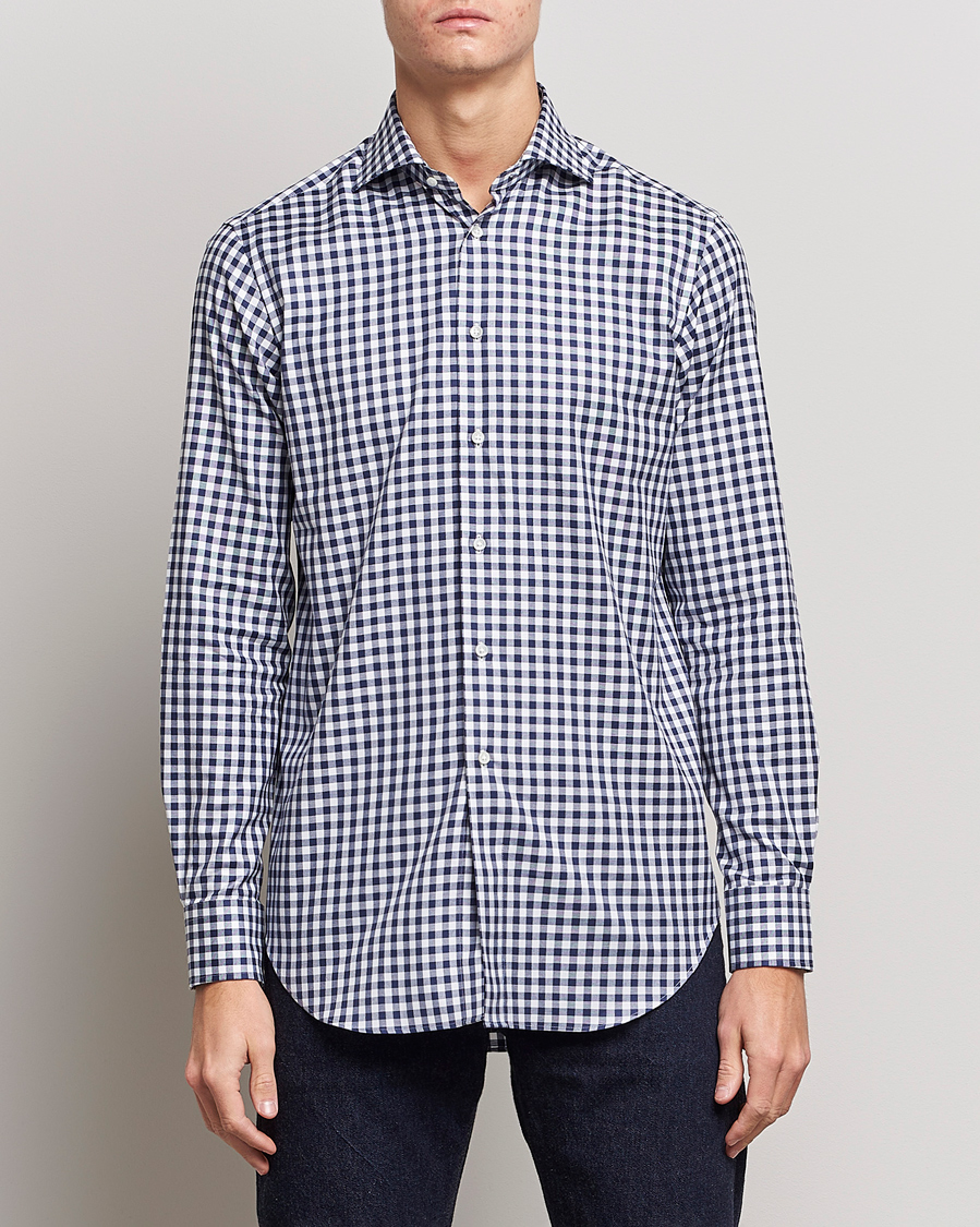 Men | Clothing | Kamakura Shirts | Slim Fit Gingham Shirt Navy