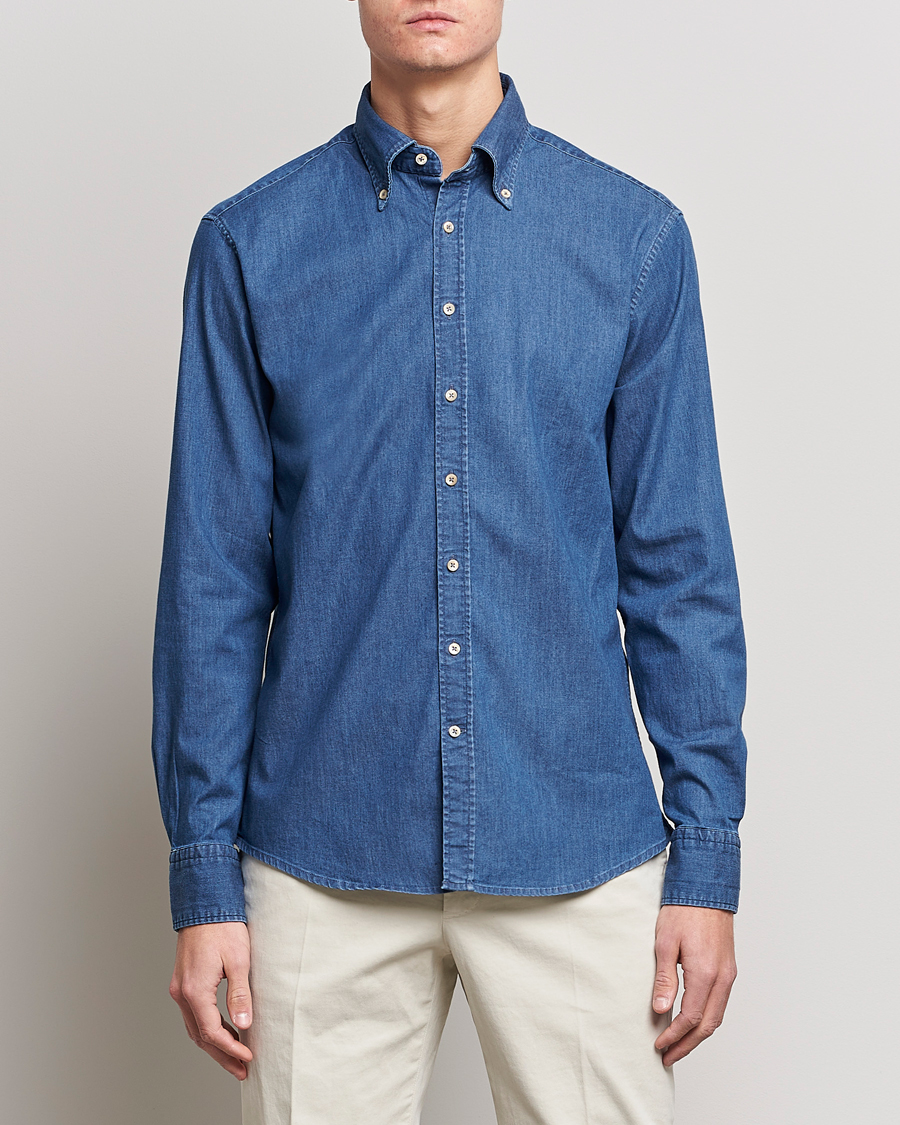 Men | Clothing | Stenströms | Fitted Body Button Down Garment Washed Shirt Mid Blue Denim
