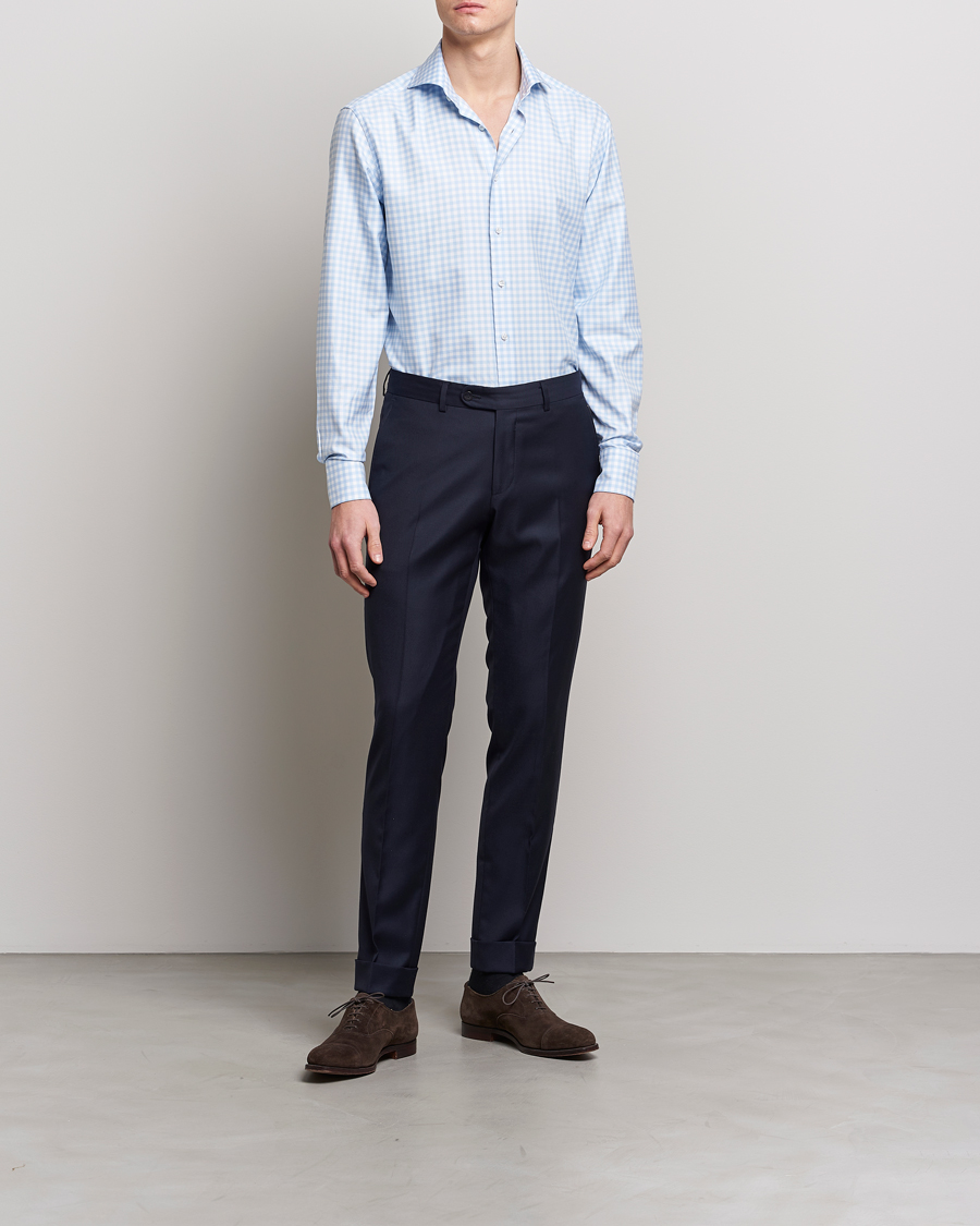 Men | Clothing | Stenströms | Fitted Body Checked Cut Away Shirt Light Blue