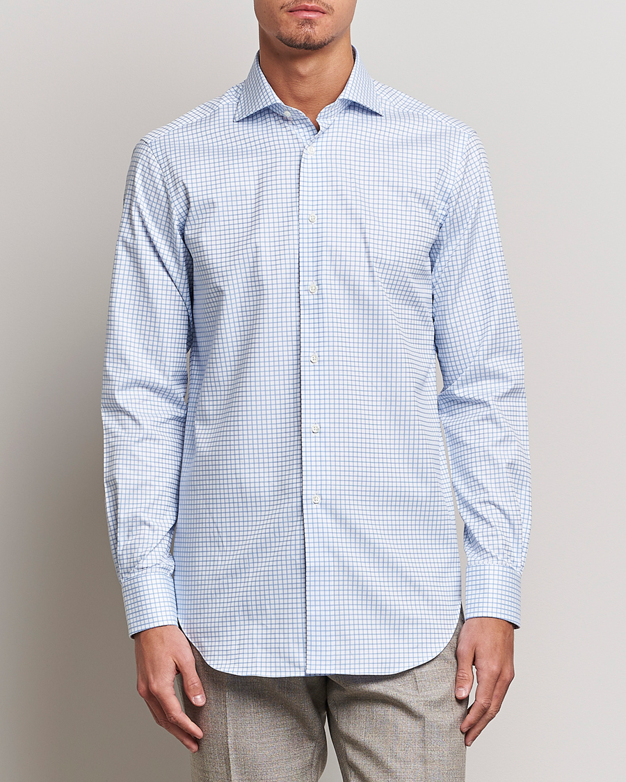 Men | Shirts | Kamakura Shirts | Slim Fit Twill Spread Shirt Sky Blue Check