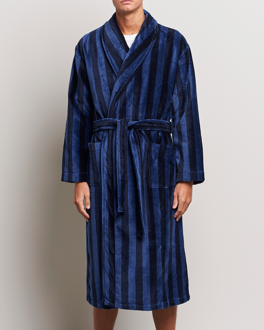 Men | Loungewear | Derek Rose | Cotton Velour Striped Gown Navy/Blue