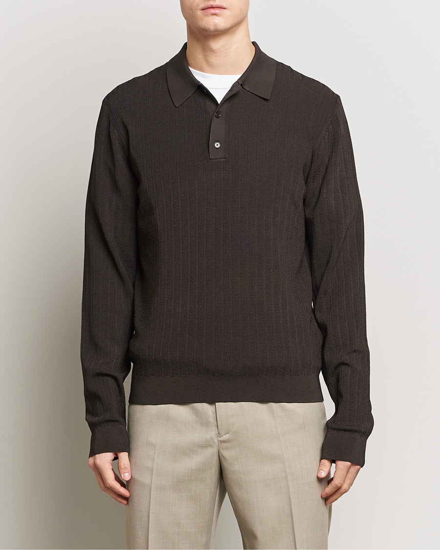 Men | Knitted Polo Shirts | Filippa K | Structured Knitted Polo Dark Oak