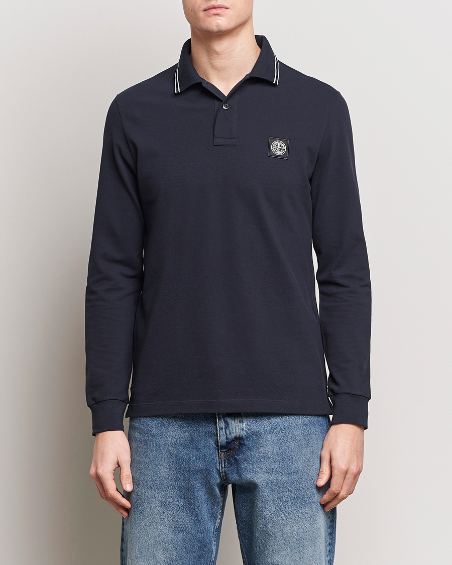 Men | Long Sleeve Polo Shirts | Stone Island | Organic Cotton Stretch Pique Navy Blue
