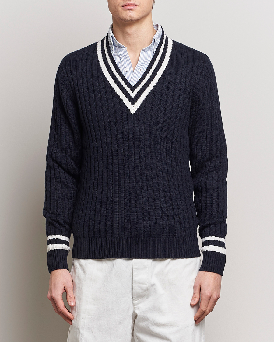Men | Clothing | Stenströms | Cotton/Cashmere Cable V-Neck Navy