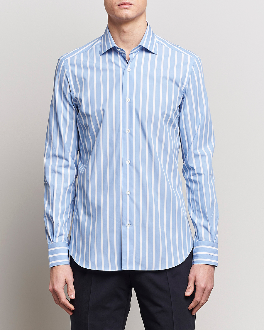 Men | Casual Shirts | Mazzarelli | Soft Cotton Cut Away Shirt Blue/White Stripe