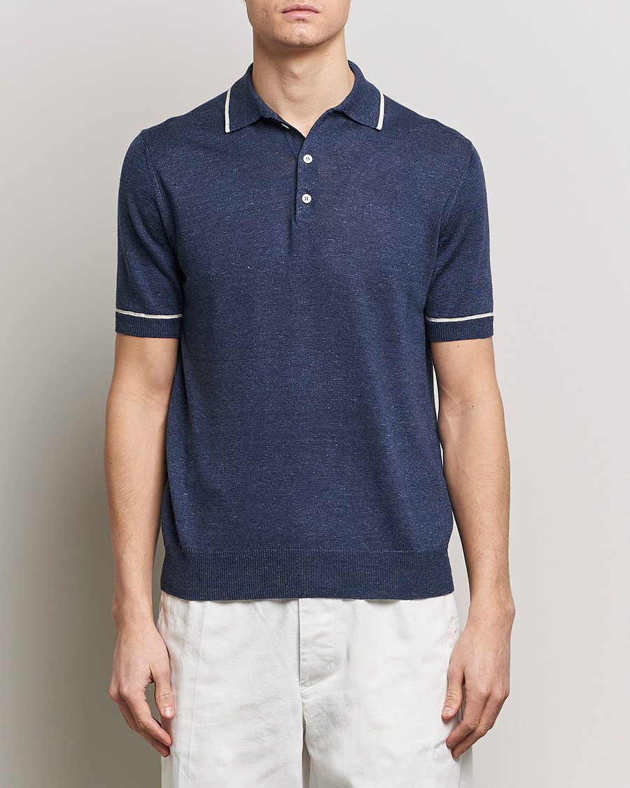 Men | Short Sleeve Polo Shirts | Altea | Linen/Cashmere Contrast Polo Navy