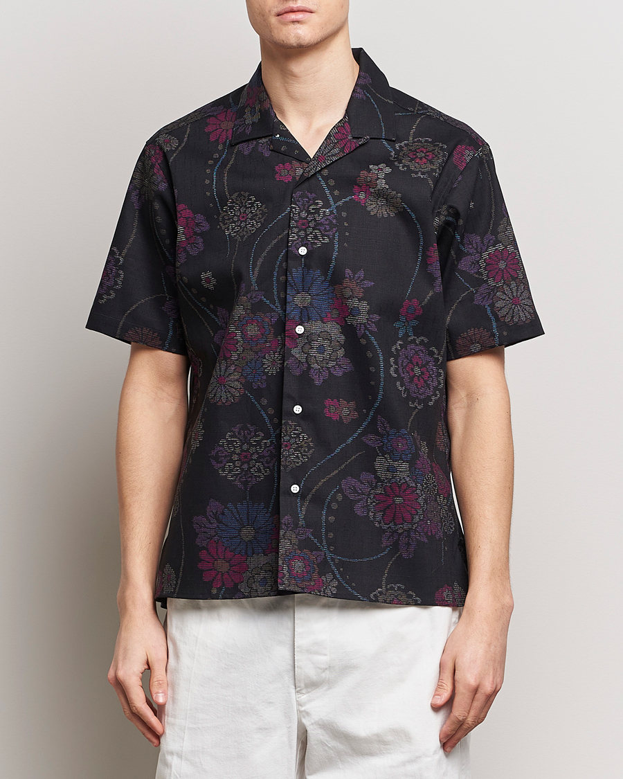 Men | Short Sleeve Shirts | Gitman Vintage | Japanese Floral Jacquard Camp Shirt Black
