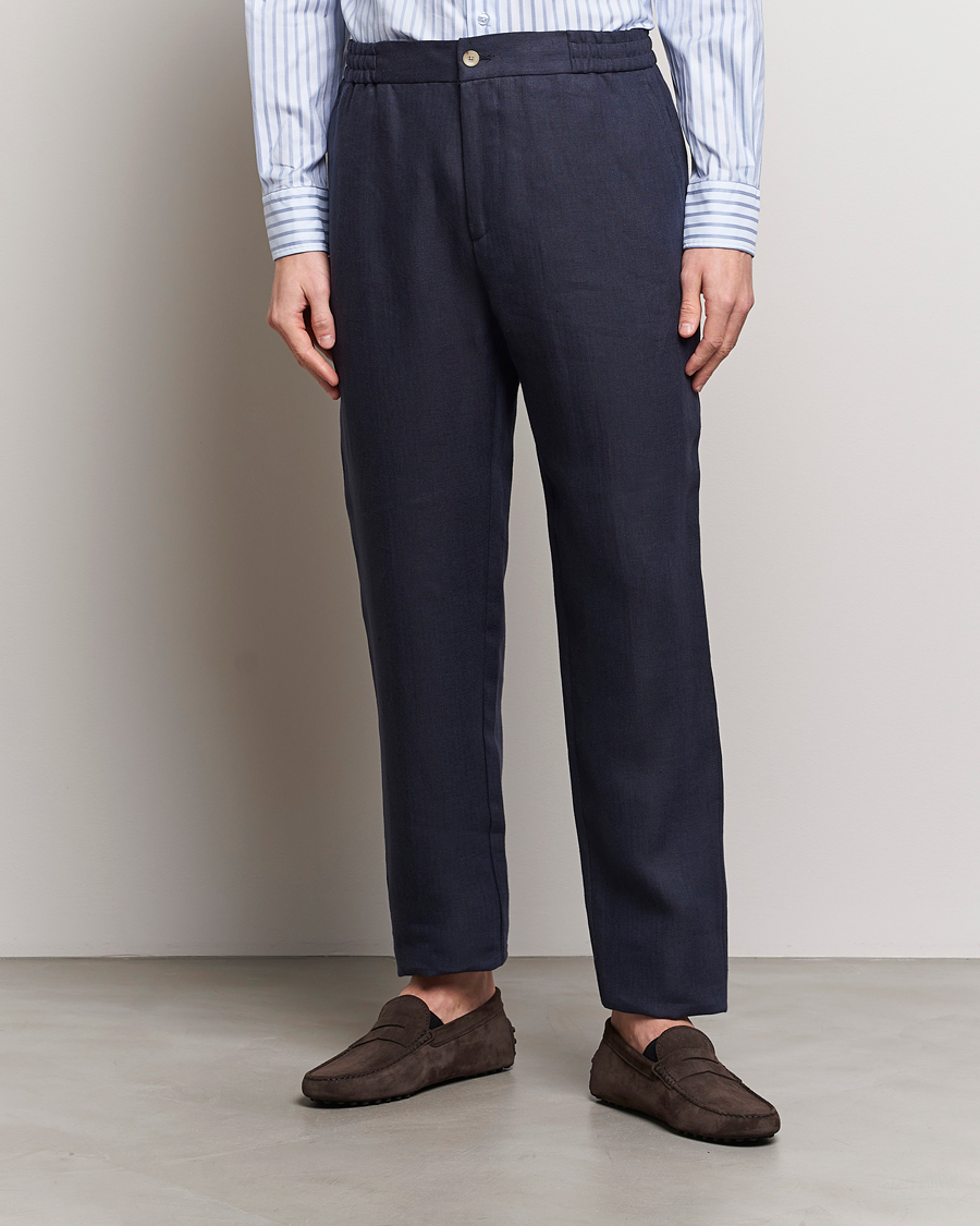 Men | Clothing | Etro | Linen Drawstring Trousers Navy