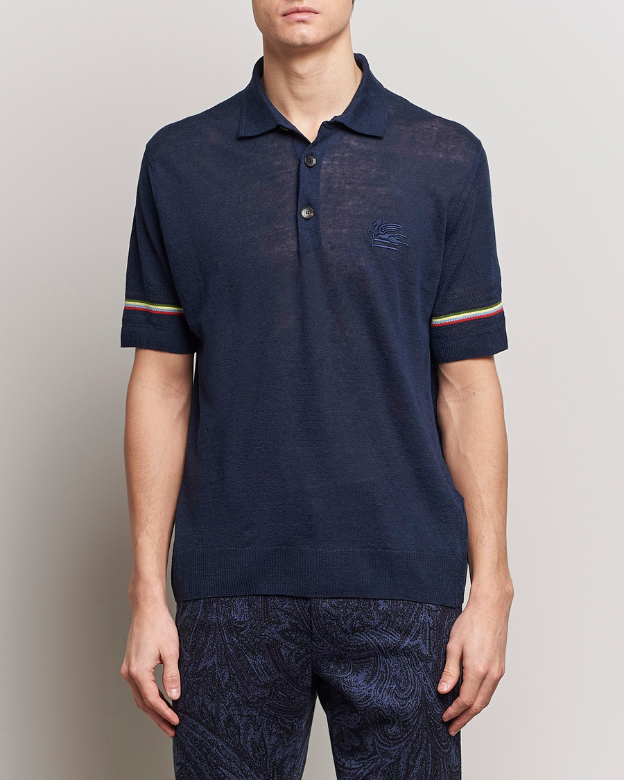 Men | Polo Shirts | Etro | Knitted Cotton/Linen Polo Navy