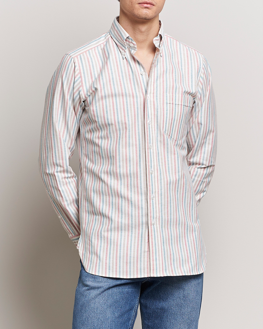 Men |  | Drake's | Thin Tripple Stripe Oxford Shirt White