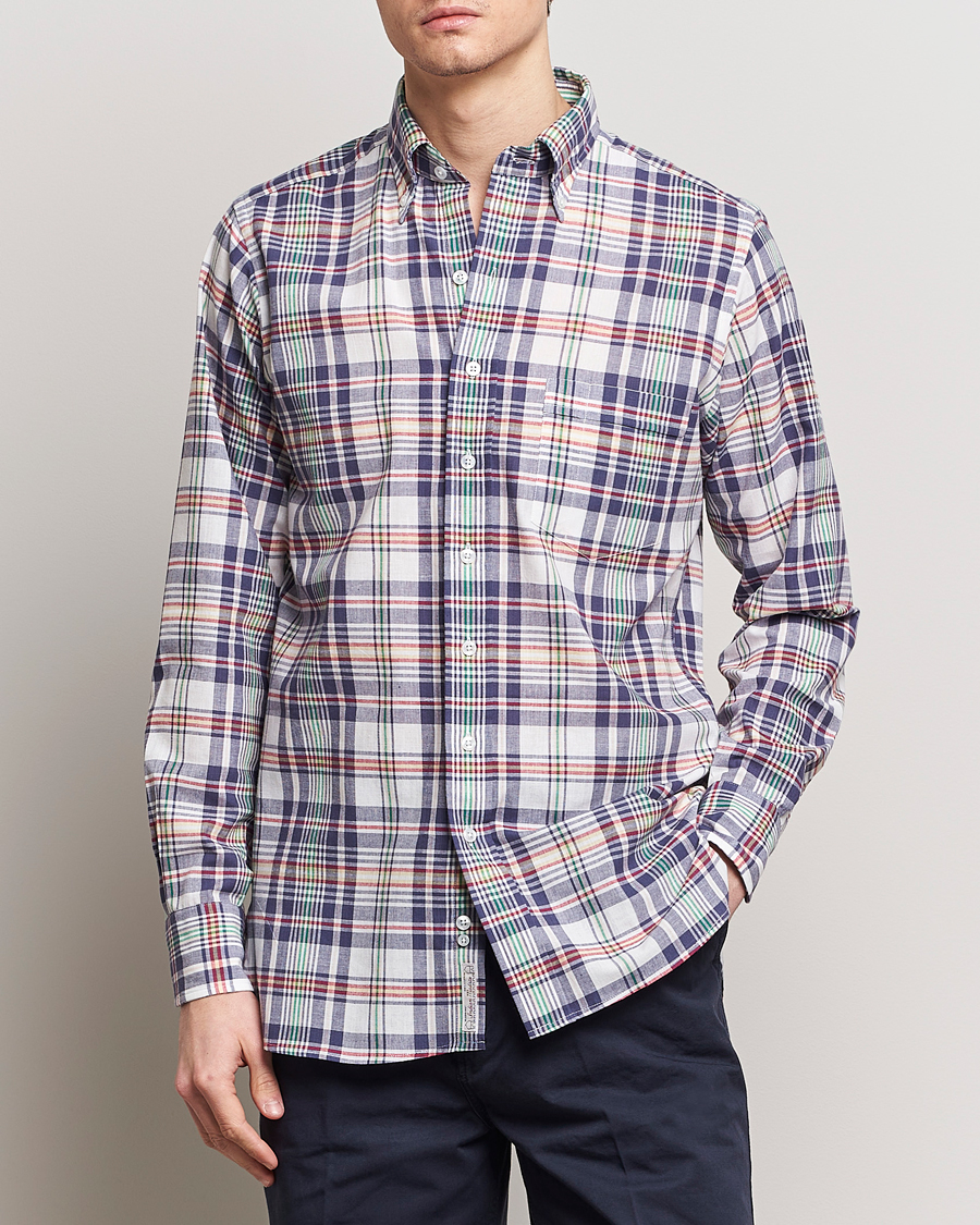 Men | Clothing | Drake's | Madras Checked Linen Button Down Shirt Navy