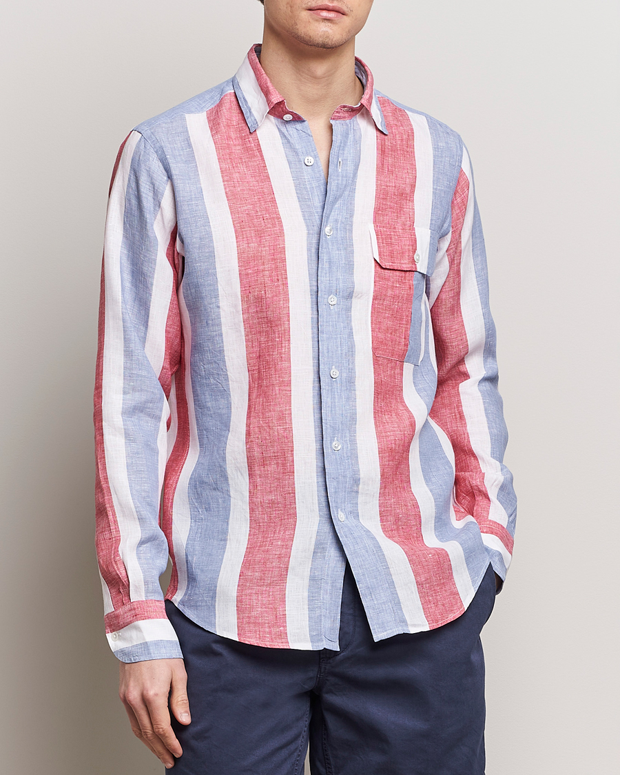 Men |  | Drake's | Thick Stripe Linen Shirt Red/Blue