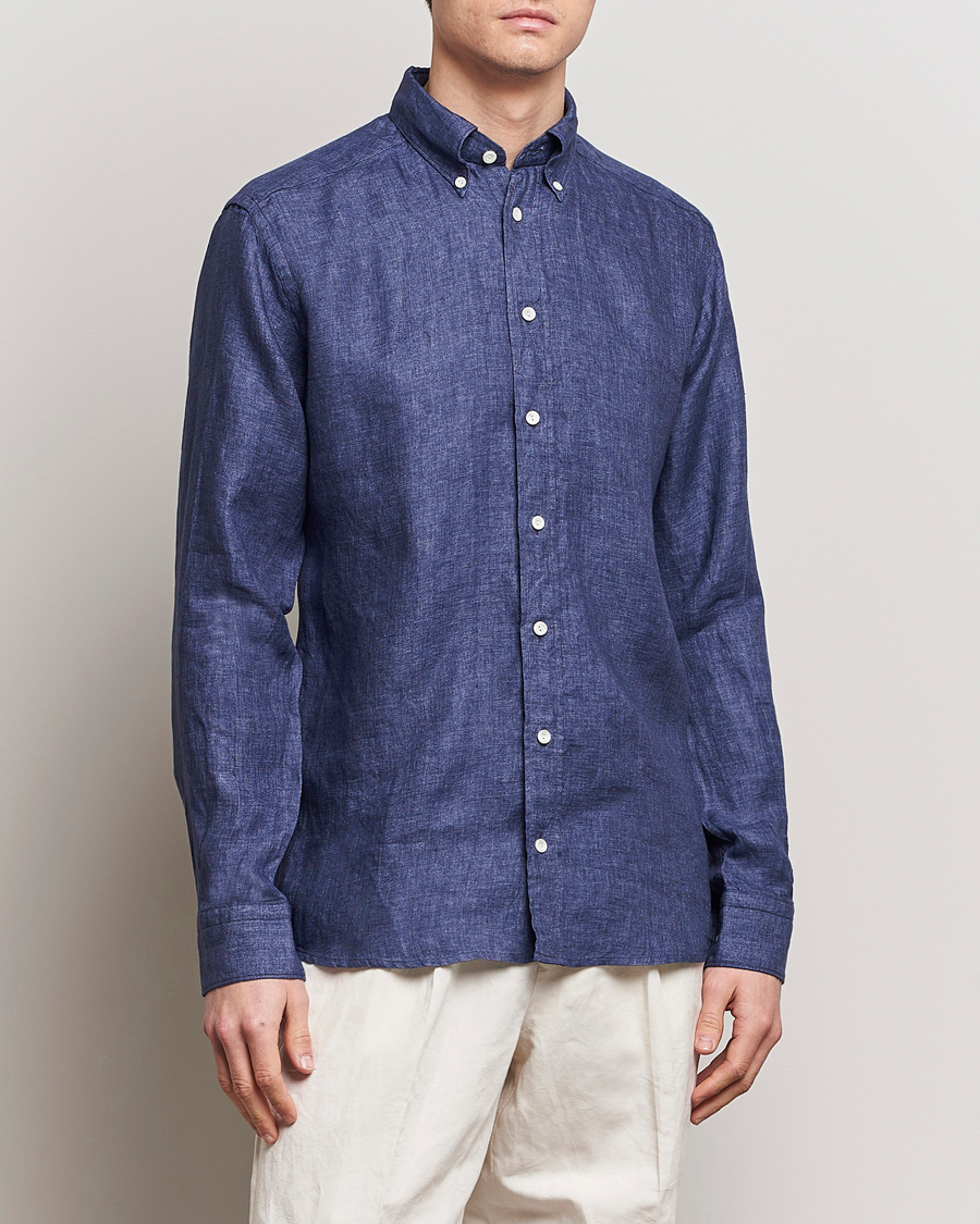 Men | Linen Shirts | Eton | Slim Fit Linen Button Down Shirt Navy Blue